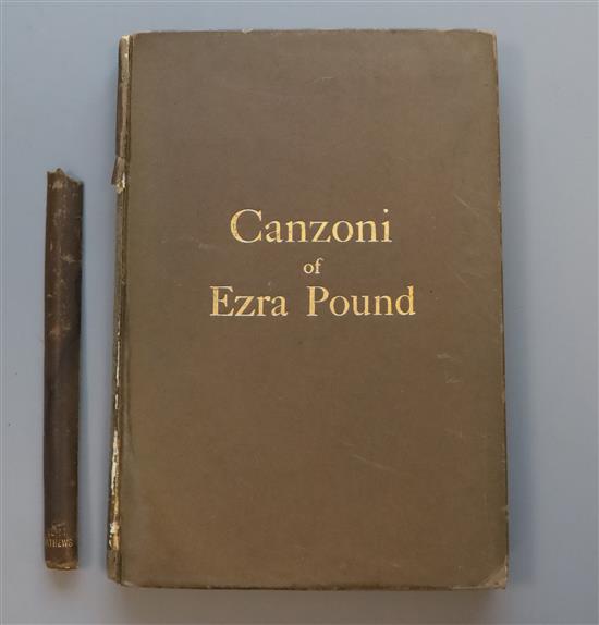 Pound, Ezra - Canzoni, 1st edition, original boards, with gilt titles, two thirds of spine detached but present,